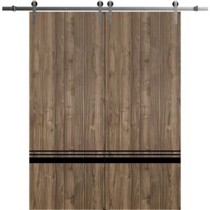 Sliding Double Barn Doors with Hardware | Planum 0012 Walnut and Aluminum Strips | Silver 13FT Rail Hangers Sturdy Set | Modern Solid Panel Interior Hall Bedroom Bathroom Door