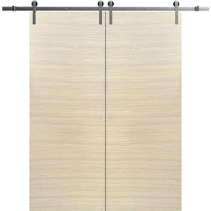 Sliding Double Barn Doors with Hardware | Planum 0010 Natural Veneer | Silver 13FT Rail Hangers Sturdy Set | Modern Solid Panel Interior Hall Bedroom Bathroom Door