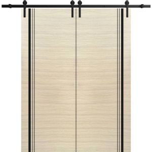 Sliding Double Barn Doors with Hardware | Planum 0011 Natural Veneer and Aluminum Strips | 13FT Rail Hangers Sturdy Set | Modern Solid Panel Interior Hall Bedroom Bathroom Door
