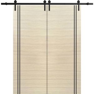 Sliding Double Barn Doors with Hardware | Planum 0016 Natural Veneer | 13FT Rail Hangers Sturdy Set | Modern Solid Panel Interior Hall Bedroom Bathroom Door