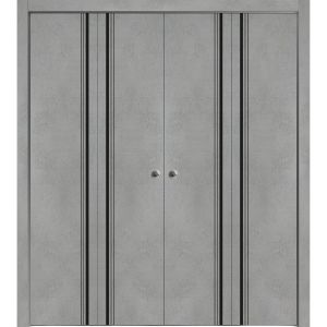 Sliding Closet Double Bi-fold Doors | Planum 0011 Concrete | Sturdy Tracks Moldings Trims Hardware Set | Wood Solid Bedroom Wardrobe Doors 