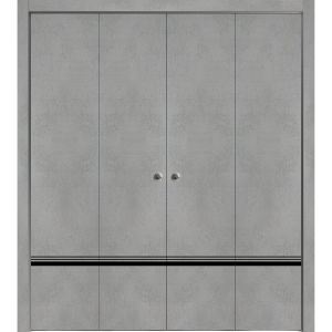 Sliding Closet Double Bi-fold Doors | Planum 0012 Concrete | Sturdy Tracks Moldings Trims Hardware Set | Wood Solid Bedroom Wardrobe Doors 
