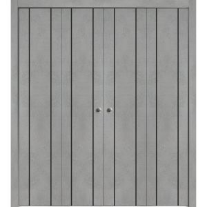 Sliding Closet Double Bi-fold Doors | Planum 0017 Concrete | Sturdy Tracks Moldings Trims Hardware Set | Wood Solid Bedroom Wardrobe Doors 