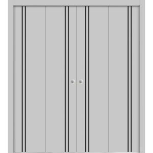 Sliding Closet Double Bi-fold Doors | Planum 0016 Matte Grey | Sturdy Tracks Moldings Trims Hardware Set | Wood Solid Bedroom Wardrobe Doors 