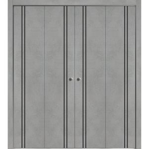 Sliding Closet Double Bi-fold Doors | Planum 0016 Concrete | Sturdy Tracks Moldings Trims Hardware Set | Wood Solid Bedroom Wardrobe Doors 