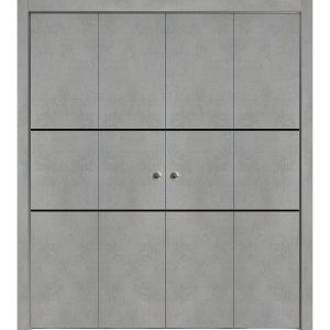 Sliding Closet Double Bi-fold Doors | Planum 0014 Concrete | Sturdy Tracks Moldings Trims Hardware Set | Wood Solid Bedroom Wardrobe Doors 