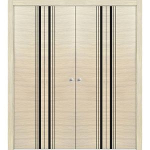 Sliding Closet Double Bi-fold Doors | Planum 0011 Natural Veneer | Sturdy Tracks Moldings Trims Hardware Set | Wood Solid Bedroom Wardrobe Doors 