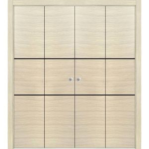 Sliding Closet Double Bi-fold Doors | Planum 0014 Natural Veneer | Sturdy Tracks Moldings Trims Hardware Set | Wood Solid Bedroom Wardrobe Doors 