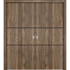 Sliding Closet Double Bi-fold Doors | Planum 0014 Walnut | Sturdy Tracks Moldings Trims Hardware Set | Wood Solid Bedroom Wardrobe Doors 