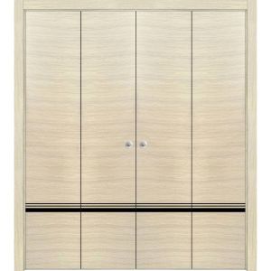 Sliding Closet Double Bi-fold Doors | Planum 0012 Natural Veneer and Aluminum Strips | Sturdy Tracks Moldings Trims Hardware Set | Wood Solid Bedroom Wardrobe Doors