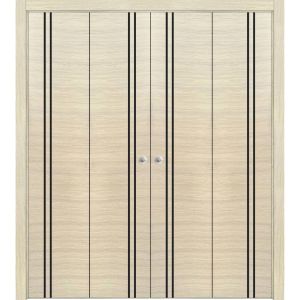 Sliding Closet Double Bi-fold Doors | Planum 0016 Natural Veneer | Sturdy Tracks Moldings Trims Hardware Set | Wood Solid Bedroom Wardrobe Doors 