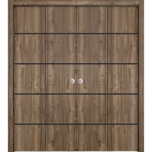 Sliding Closet Double Bi-fold Doors | Planum 0015 Walnut | Sturdy Tracks Moldings Trims Hardware Set | Wood Solid Bedroom Wardrobe Doors 