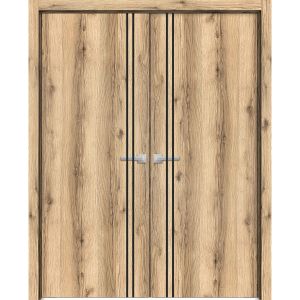 Planum Solid French Double Doors | Planum 0016 Oak | Wood Solid Panel Frame Trims | Closet Bedroom Sturdy Doors 
