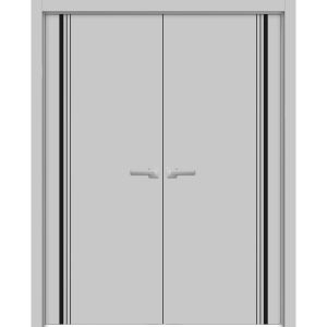 Planum Solid French Double Doors | Planum 0011 Matte Grey and Aluminum Strips | Wood Solid Panel Frame Trims | Closet Bedroom Sturdy Doors