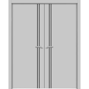 Planum Solid French Double Doors | Planum 0016 Matte Grey | Wood Solid Panel Frame Trims | Closet Bedroom Sturdy Doors 