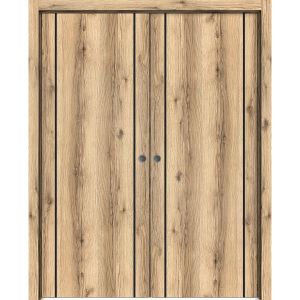 Modern Double Pocket Doors | Planum 0017 Oak | Kit Trims Rail Hardware | Solid Wood Interior Bedroom Sliding Closet Sturdy Door-36" x 80" (2* 18x80)