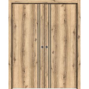 Modern Double Pocket Doors | Planum 0016 Oak and Aluminum Strips | Kit Trims Rail Hardware | Solid Wood Interior Bedroom Sliding Closet Sturdy Door