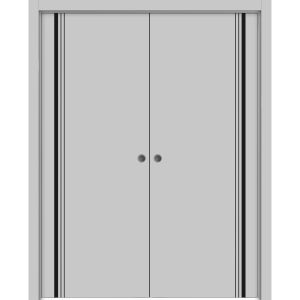 Modern Double Pocket Doors | Planum 0011 Matte Grey | Kit Trims Rail Hardware | Solid Wood Interior Bedroom Sliding Closet Sturdy Door