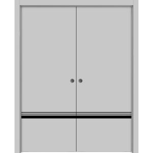 Modern Double Pocket Doors | Planum 0012 Matte Grey | Kit Trims Rail Hardware | Solid Wood Interior Bedroom Sliding Closet Sturdy Door