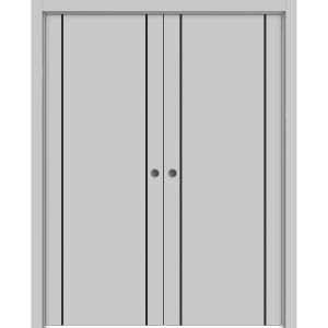 Modern Double Pocket Doors | Planum 0017 Matte Grey | Kit Trims Rail Hardware | Solid Wood Interior Bedroom Sliding Closet Sturdy Door