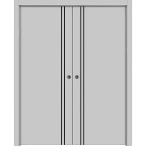 Modern Double Pocket Doors | Planum 0016 Matte Grey and Aluminum Strips | Kit Trims Rail Hardware | Solid Wood Interior Bedroom Sliding Closet Sturdy Door