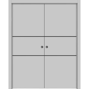 Modern Double Pocket Doors | Planum 0014 Matte Grey | Kit Trims Rail Hardware | Solid Wood Interior Bedroom Sliding Closet Sturdy Door