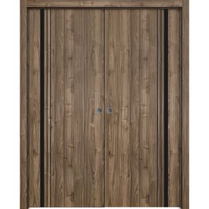 Modern Double Pocket Doors | Planum 0011 Walnut | Kit Trims Rail Hardware | Solid Wood Interior Bedroom Sliding Closet Sturdy Door