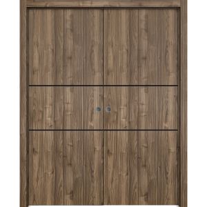 Modern Double Pocket Doors | Planum 0014 Walnut | Kit Trims Rail Hardware | Solid Wood Interior Bedroom Sliding Closet Sturdy Door