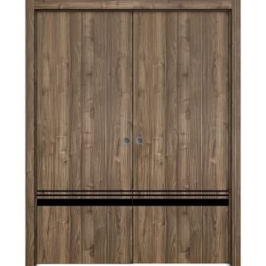 Modern Double Pocket Doors | Planum 0012 Walnut | Kit Trims Rail Hardware | Solid Wood Interior Bedroom Sliding Closet Sturdy Door