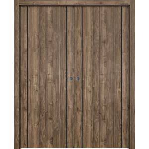 Modern Double Pocket Doors | Planum 0017 Walnut | Kit Trims Rail Hardware | Solid Wood Interior Bedroom Sliding Closet Sturdy Door