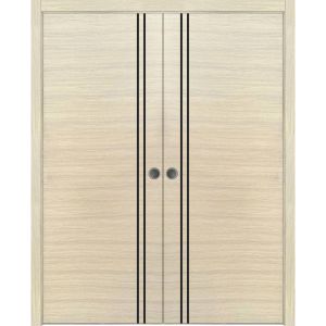 Modern Double Pocket Doors | Planum 0016 Natural Veneer and Aluminum Strips | Kit Trims Rail Hardware | Solid Wood Interior Bedroom Sliding Closet Sturdy Door