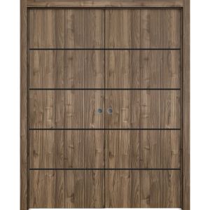 Modern Double Pocket Doors | Planum 0015 Walnut | Kit Trims Rail Hardware | Solid Wood Interior Bedroom Sliding Closet Sturdy Door