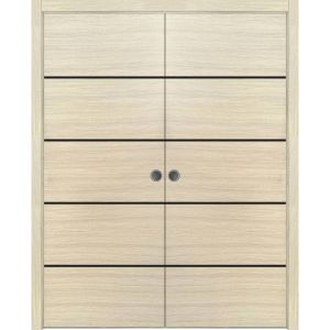 Modern Double Pocket Doors | Planum 0015 Natural Veneer and Aluminum Strips | Kit Trims Rail Hardware | Solid Wood Interior Bedroom Sliding Closet Sturdy Door