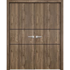 Planum Solid French Double Doors | Planum 0014 Walnut | Wood Solid Panel Frame Trims | Closet Bedroom Sturdy Doors 