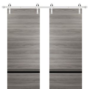 Sturdy Double Barn Door with Hardware | Planum 0012 Ginger Ash | Silver 13FT Rail Hangers Heavy Set | Modern Solid Panel Interior Doors