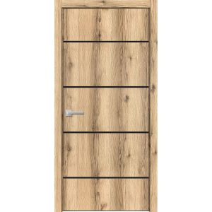 Modern Wood Interior Door with Hardware | Planum 0015 Oak and Aluminum Strips | Single Panel Frame Trims | Bathroom Bedroom Sturdy Doors
