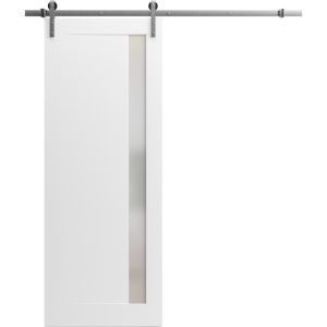 Sliding Barn Door with 6.6ft Hardware | Planum 0660 Painted White with Frosted Glass | Rail Hangers Sturdy Silver Set | Modern Solid Panel Interior Doors