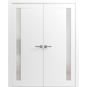 Planum Solid French Double Doors | Planum 0660 Painted White with Frosted Glass | Wood Solid Panel Frame Trims | Closet Bedroom Sturdy Doors 