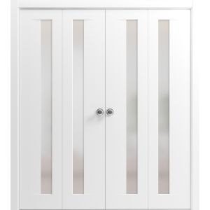Sliding Closet Double Bi-fold Doors | Planum 0660 Painted White with Frosted Glass | Sturdy Tracks Moldings Trims Hardware Set | Wood Solid Bedroom Wardrobe Doors 