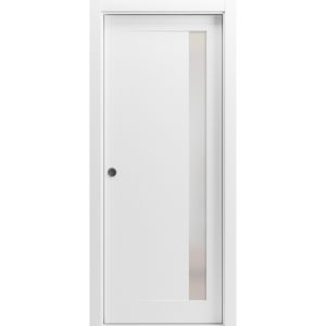 Sliding French Pocket Door with | Planum 0660 Painted White with Frosted Glass | Kit Trims Rail Hardware | Solid Wood Interior Bedroom Sturdy Doors