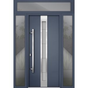 Front Exterior Prehung Steel Door / Deux 1717 Gray Graphite / Stainless Inserts Single Modern Painted-W60" x H96"-Right-hand Inswing