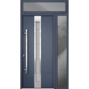 Front Exterior Prehung Steel Door / Deux 5755 Gray Graphite / Side and Top Exterior Window / Stainless Inserts Single Modern Painted-W36+12" x H80+16"-Right-hand Inswing