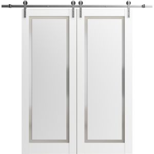 Sliding Double Barn Doors with Hardware | Planum 0888 Painted White with Frosted Glass | 13FT Rail Hangers Sturdy Set | Modern Solid Panel Interior Hall Bedroom Bathroom Door-36" x 80" (2* 18x80)