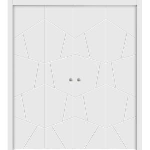 Sliding Closet Double Bi-fold Doors | Planum 0990 Painted White Matte | Sturdy Tracks Moldings Trims Hardware Set | Wood Solid Bedroom Wardrobe Doors 
