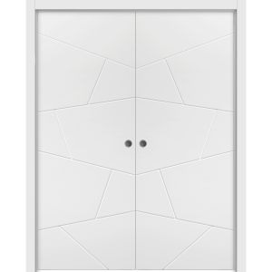 Modern Double Pocket Doors | Planum 0990 Painted White Matte | Kit Trims Rail Hardware | Solid Wood Interior Bedroom Sliding Closet Sturdy Door-36" x 80" (2* 18x80)