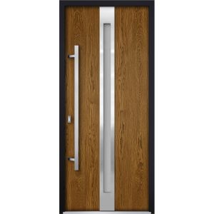 Front Exterior Prehung Steel Door / Deux 1744 Natural Oak / Transom Black Window / Stainless Inserts Single Modern Painted
