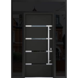 Front Exterior Prehung Steel Door / Deux 1105 Black Enamel / 2 Sidelight and Transom Window Sidelite / Stainless Inserts Entry Metal Modern Painted W12+36+12" x H80+16" Left hand Inswing