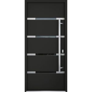 Front Exterior Prehung Steel Door / Deux 1105 Black Enamel / Stainless Inserts Entry Metal Modern Painted W36" x H80" Left hand Inswing