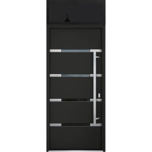 Front Exterior Prehung Steel Door / Deux 1105 Black Enamel / Transom Window Sidelite / Stainless Inserts Entry Metal Modern Painted W36" x H80+16" Left hand Inswing