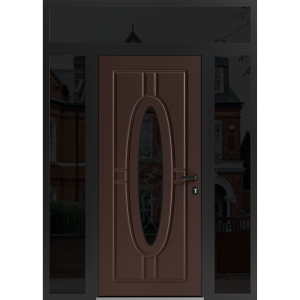 Front Exterior Prehung Steel Door / Ronex 1277 Red Oak / 2 Sidelight and Transom Window Sidelite / Entry Metal Modern Painted W12+36+12" x H80+16" Left hand Inswing